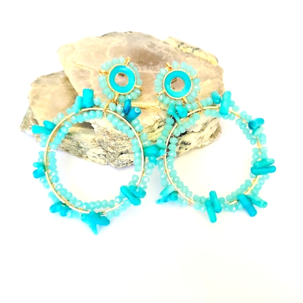 NEW! Blue/ Turquoise Coral & Faceted Glass Beads, Hoop Earrings in Goldtone